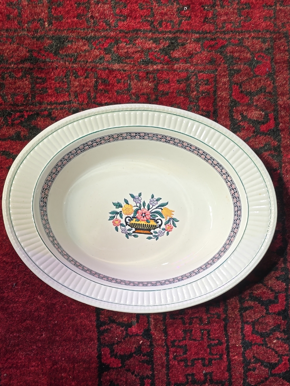1922 Wedgwood Serving Bowl: Red White and Blue with Multicolor Floral Basket